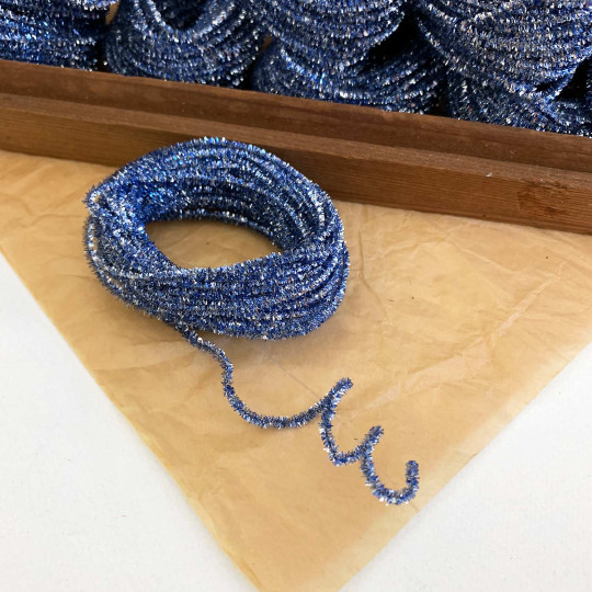 Mini Metallic Wired Tinsel Cord in Ice Blue + Silver ~ 1/8" wide ~ 10 meter length